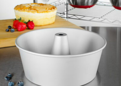 Angel Food Cake Pan with cake in a bakery