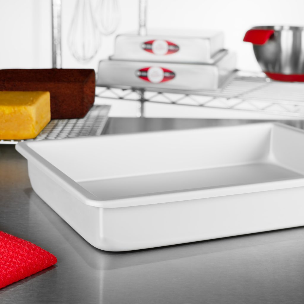 Oblong Sheet Cake Pan with cakes in a bakery