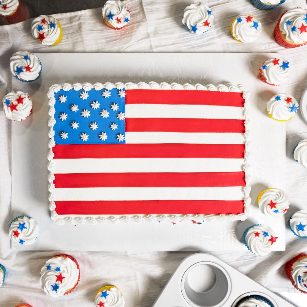 American Flag Sheet Cake and Independence Day cupcakes