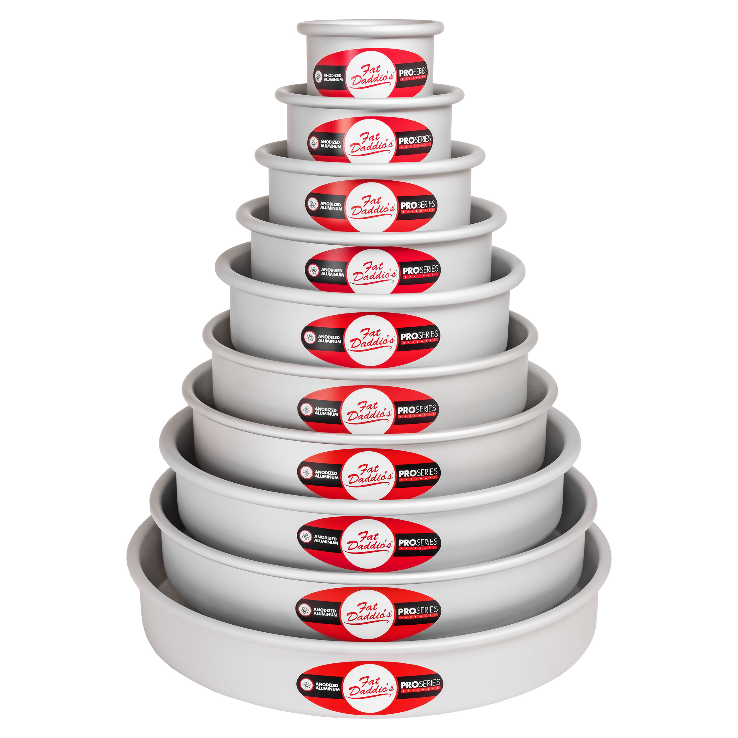 Ten stacked round cake pans at two inch depth
