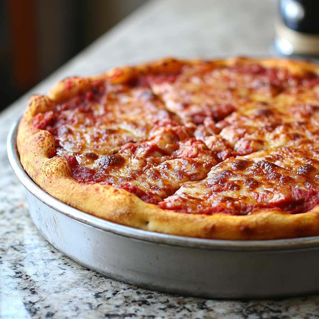Chicago style deep dish pizza in a Fat Daddio's 12 inch by 2 inch deep cake pan