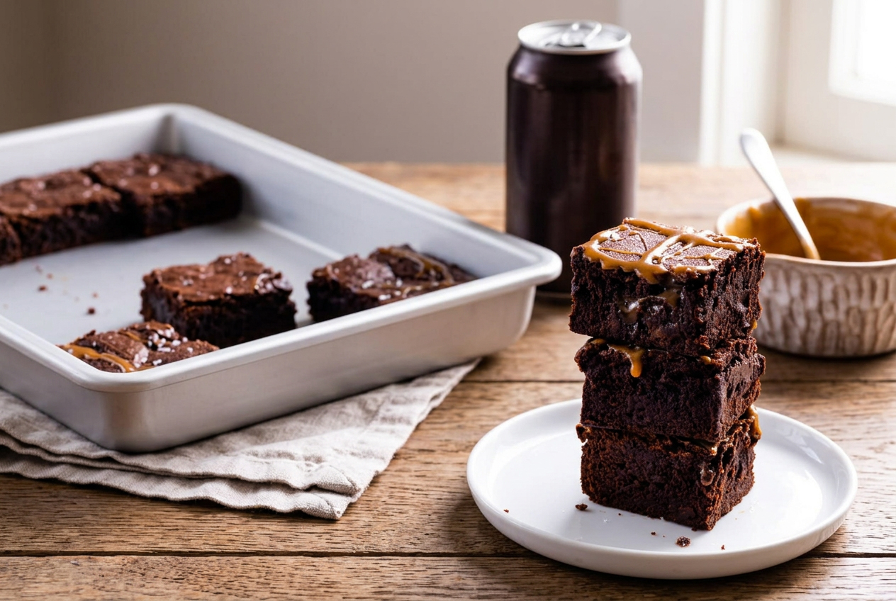 A stack of dark chocolate stout brownies on parchment paper with a glass of dark beer in the background