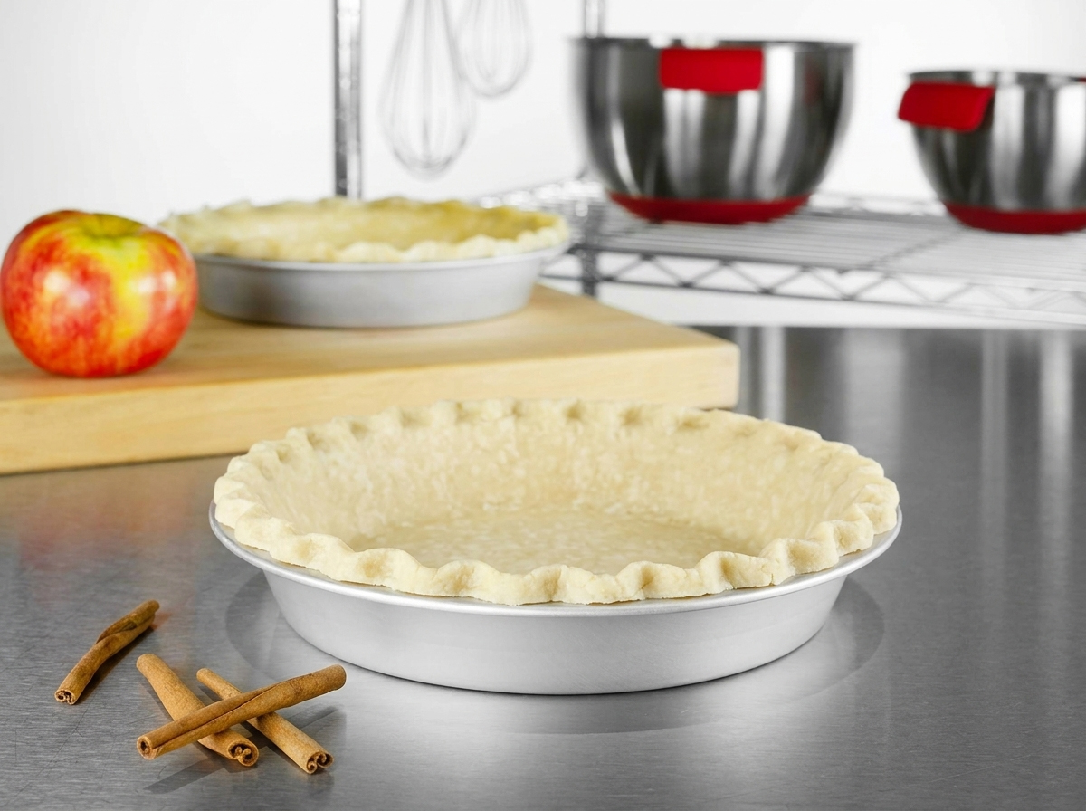 Person blind baking a pie crust lined with parchment and filled with pie weights on a wooden kitchen counter